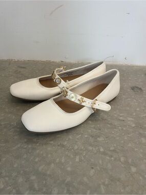 a new day Cream Mary Jane Flats with Gold Floral Accents
